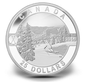 1 oz silver coin O Canada Series designed by Kendra Dixson skiing in Canada