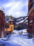 Sun Peaks Village Way watercolour painting