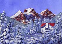 Kendra Smith original commissioned painting of house in front of The Three Sisters in Fernie, BC